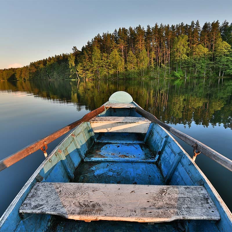 a boat on a lake with trees around it